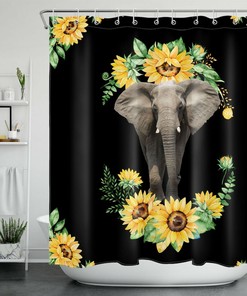 Funny Animal Elephant Sunflower Black Shower Curtain for Playful Bathroom Accessories