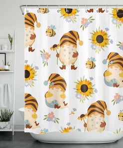 Funny Cartoon Gnome Bee Sunflower Shower Curtain for a Whimsical Bathroom Decor