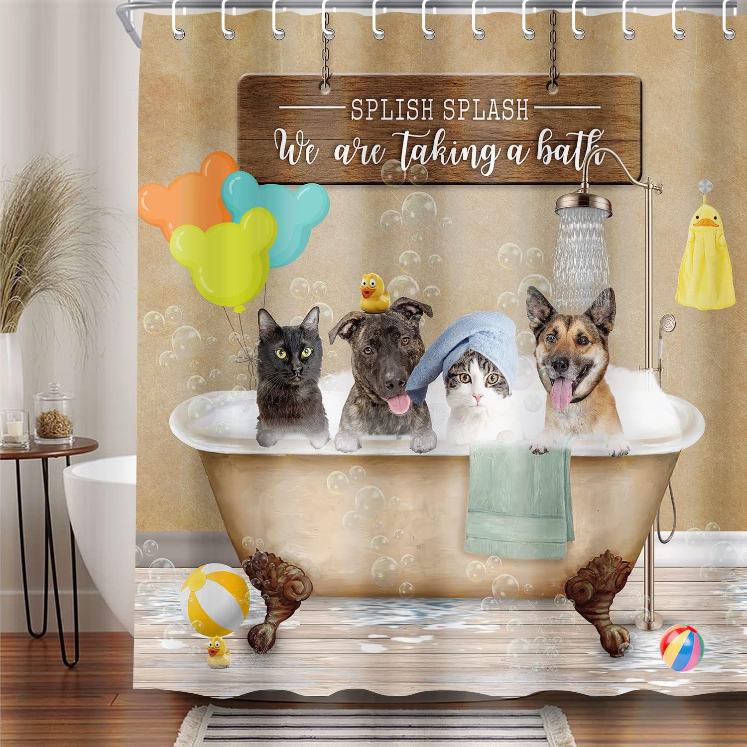 Funny Cat Dog Shower Curtain with Vintage Country Wood | Bathroom Decor
