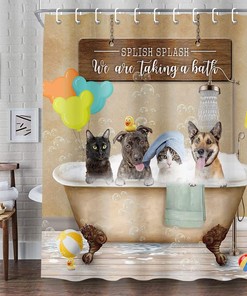 Funny Cat Dog Shower Curtain with Vintage Country Wood | Bathroom Decor