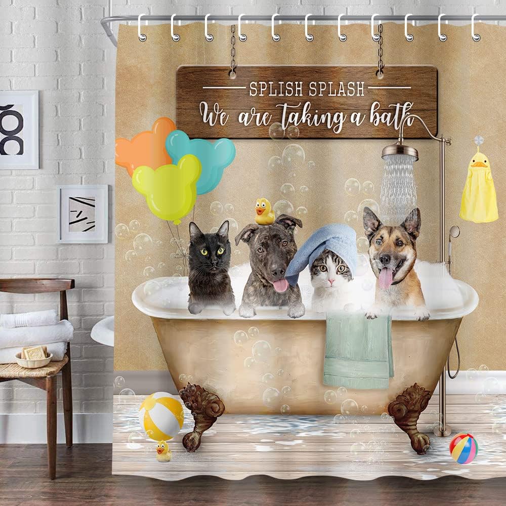 Funny Cat Dog Shower Curtain with Vintage Country Wood | Bathroom Decor
