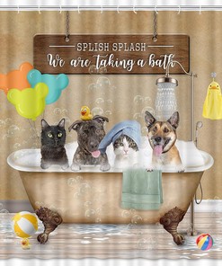 Funny Cat Dog Shower Curtain with Vintage Country Wood | Bathroom Decor