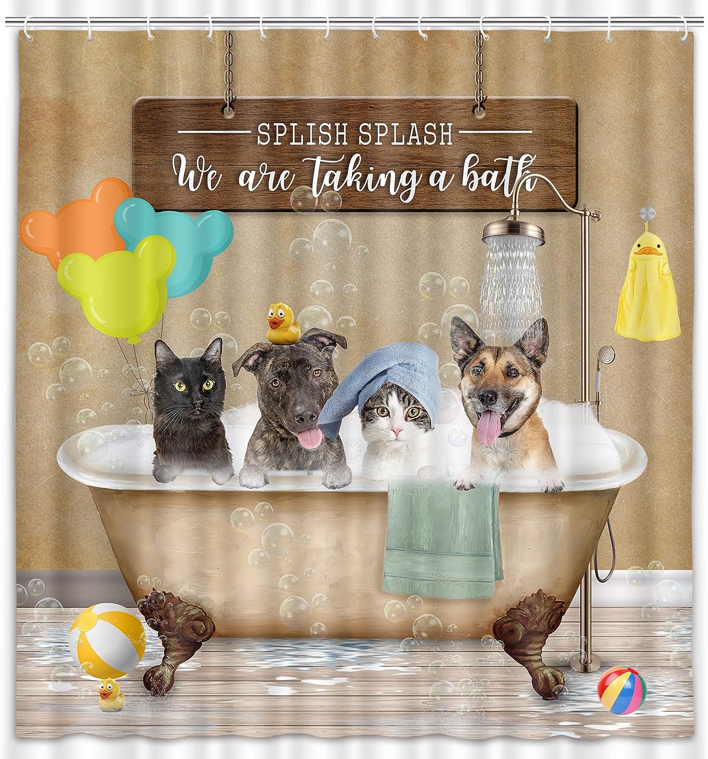 Funny Cat Dog Shower Curtain with Vintage Country Wood | Bathroom Decor