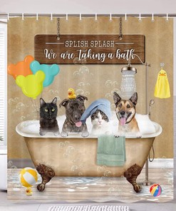 Funny Cat Dog Shower Curtain with Vintage Country Wood | Bathroom Decor