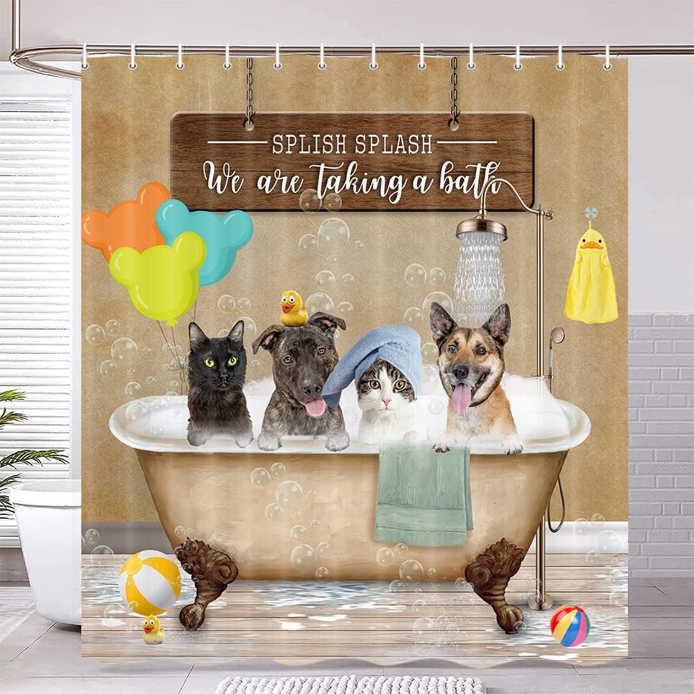 Funny Cat Dog Shower Curtain with Vintage Country Wood | Bathroom Decor