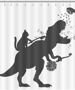 Funny Cat Help Dino Bathe Shower Curtain for Kids Boys - Cat and Dinosaur Bathroom Decor