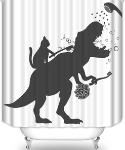 Funny Cat Help Dino Bathe Shower Curtain for Kids Boys - Cat and Dinosaur Bathroom Decor