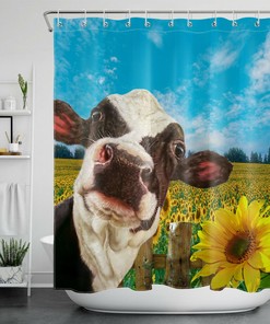 Funny Cow Shower Curtain with Sunflower Field for a Farmhouse Bathroom Decor