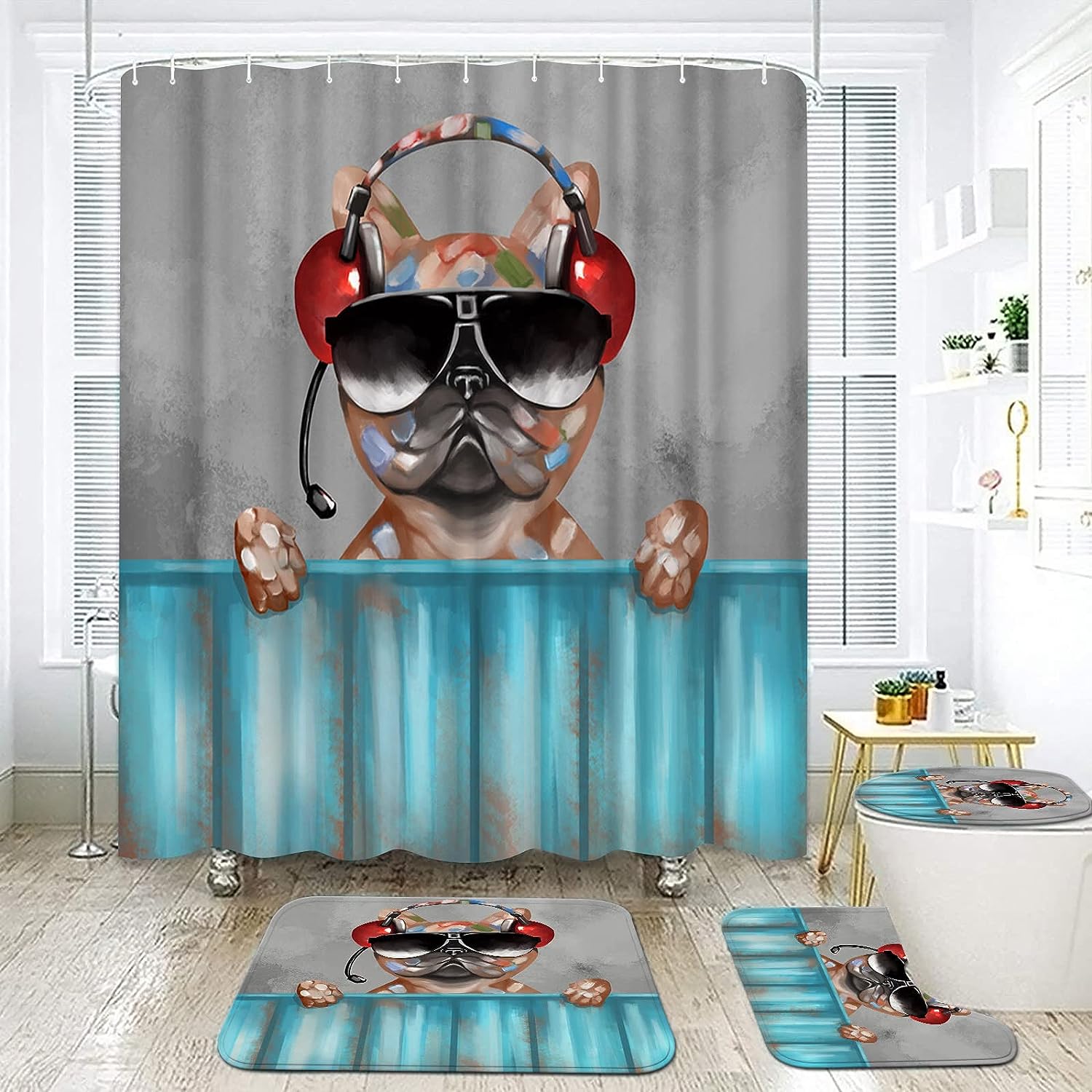 Funny Dog Playing Music Shower Curtain - Music Lover Bathroom Decor