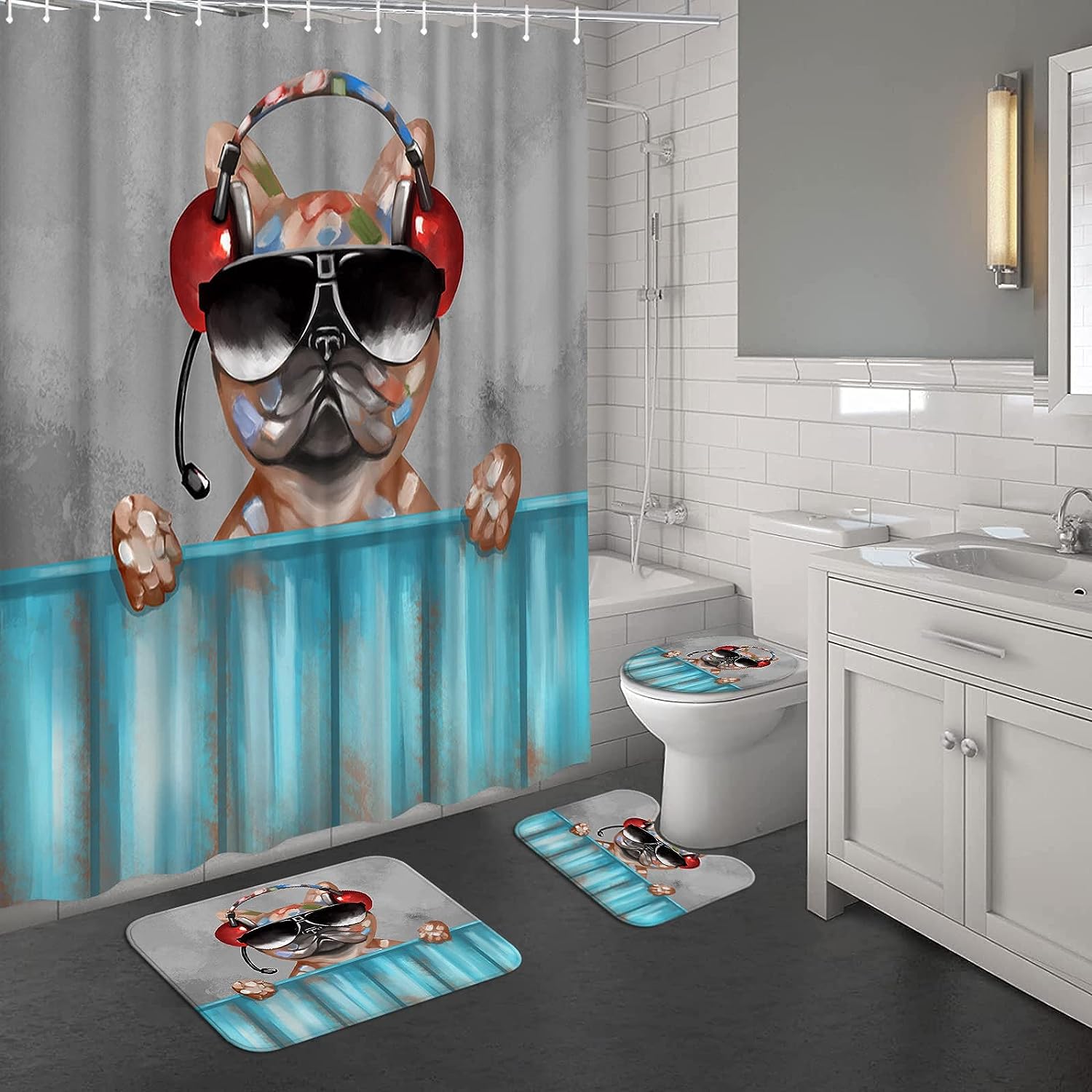 Funny Dog Playing Music Shower Curtain - Music Lover Bathroom Decor
