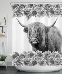Funny Highland Cow Sunflower Shower Curtain - Rustic Bathroom Decor