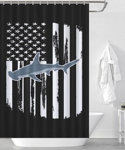 Funny Modern American Flag Hammerhead Shark Shower Curtain for a Creative Bathroom Decor