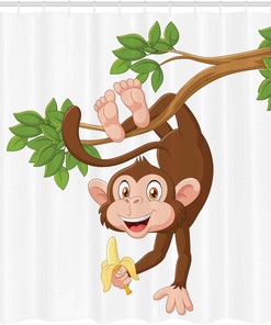 Funny Monkey Shower Curtain, Jungle Animals Theme Print in Chocolate White Bathroom Decor
