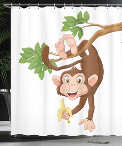 Funny Monkey Shower Curtain, Jungle Animals Theme Print in Chocolate White Bathroom Decor