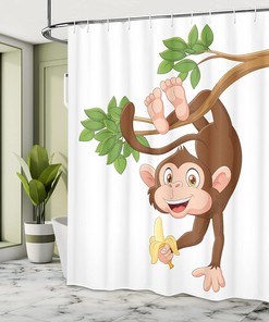 Funny Monkey Shower Curtain, Jungle Animals Theme Print in Chocolate White Bathroom Decor