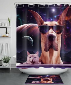 Funny Pet Cat Dog Shower Curtain with Starry Sky Planets for a Cute and Quirky Bathroom Decor