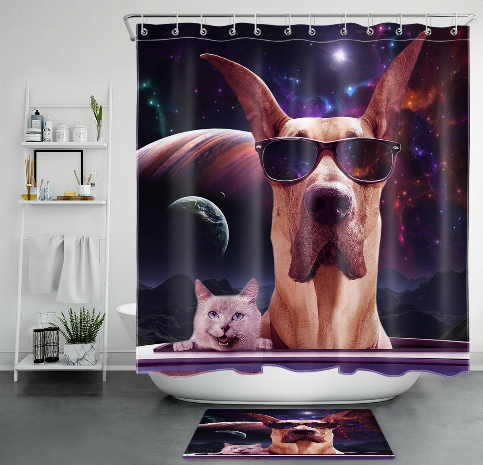 Funny Pet Cat Dog Shower Curtain with Starry Sky Planets for a Cute and Quirky Bathroom Decor