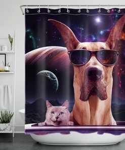 Funny Pet Cat Dog Shower Curtain with Starry Sky Planets for a Cute and Quirky Bathroom Decor