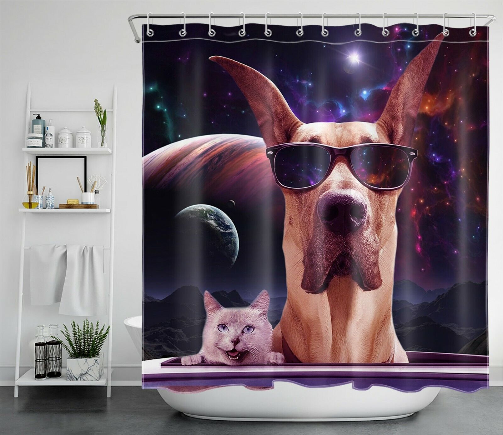 Funny Pet Cat Dog Shower Curtain with Starry Sky Planets for a Cute and Quirky Bathroom Decor