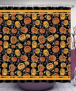 Funny Pumpkin Halloween Shower Curtain Black and Orange Bathroom Decor