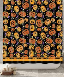 Funny Pumpkin Halloween Shower Curtain Black and Orange Bathroom Decor