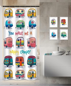 Funny Quotes RV Camper Shower Curtain with Cartoon Caravan Perfect for a Travel-themed Children Bathroom Decor