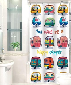 Funny Quotes RV Camper Shower Curtain with Cartoon Caravan Perfect for a Travel-themed Children Bathroom Decor