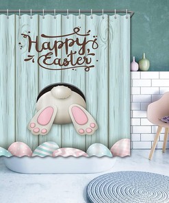 Funny Rabbit Wooden Board Easter Egg Shower Curtain for Bathroom - Easter Decoration