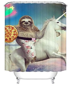 Funny Sloth Riding Horse with Pizza Pattern Digital Print Bath Shower for a Whimsical and Silly Bathroom