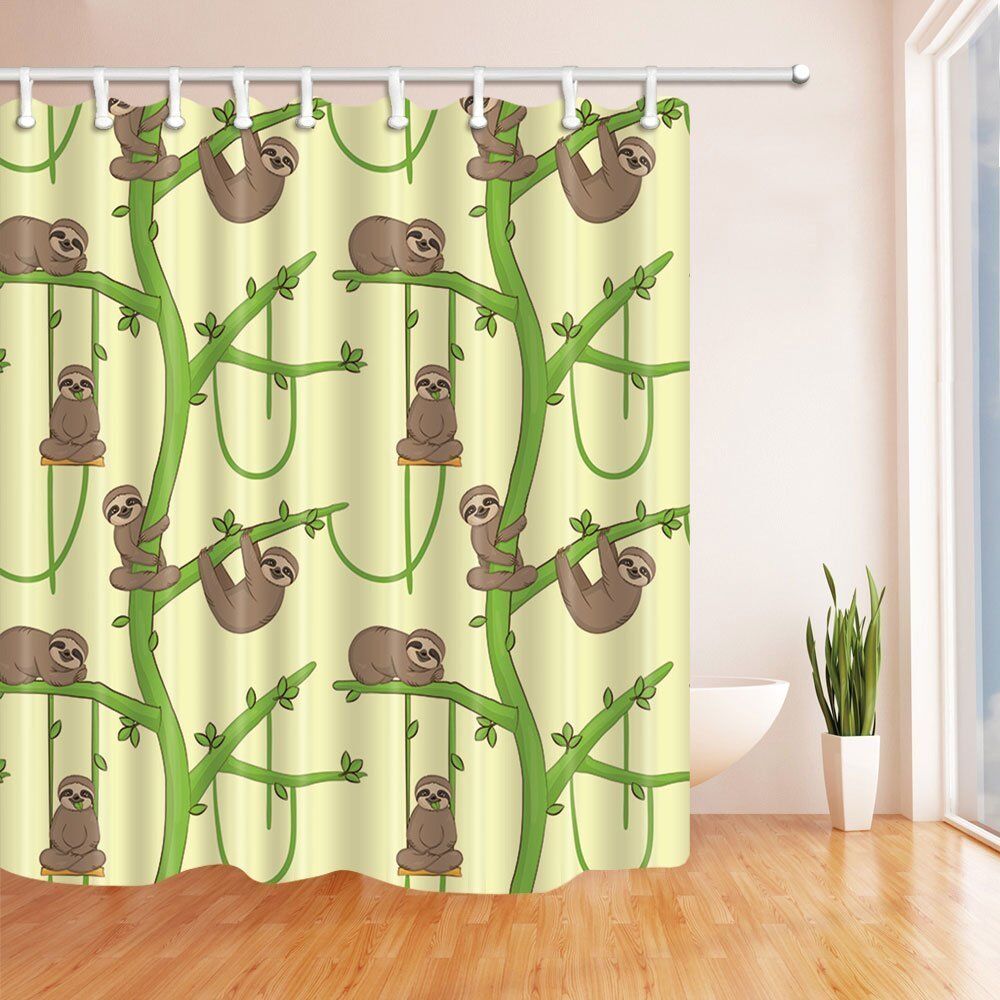 Funny Sloth on Branch Animal Theme Shower Curtain - Waterproof Fabric for Bathroom Decor