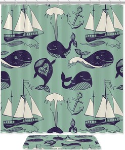 Funny Whale Shower Curtain with Microfiber Accents - Sea Themed Bathroom Decor