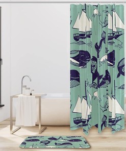 Funny Whale Shower Curtain with Microfiber Accents - Sea Themed Bathroom Decor