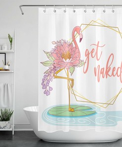 Funny Word Pink Flamingo Abstract Lotus Flower Shower Curtain for Quirky Bathroom Decor