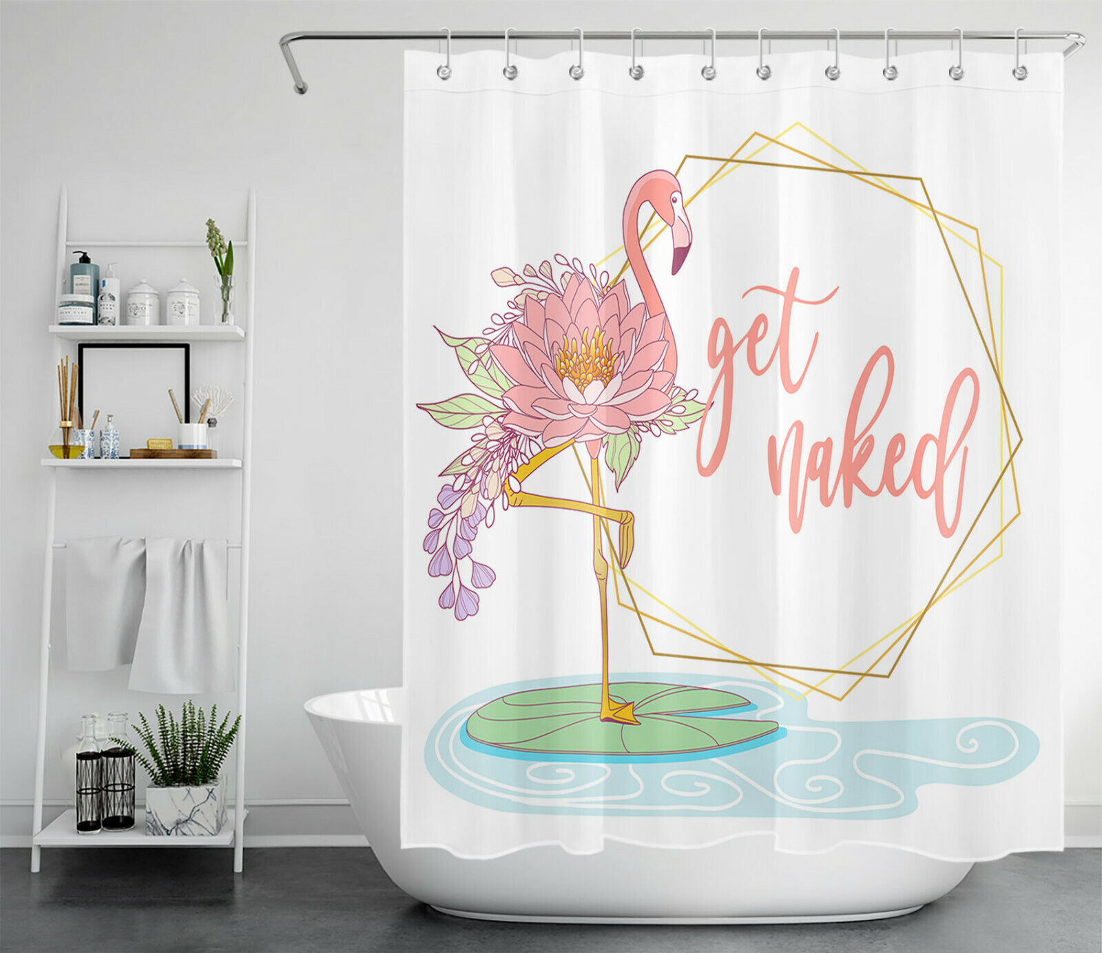 Funny Word Pink Flamingo Abstract Lotus Flower Shower Curtain for Quirky Bathroom Decor