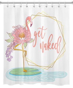 Funny Word Pink Flamingo Abstract Lotus Flower Shower Curtain for Quirky Bathroom Decor