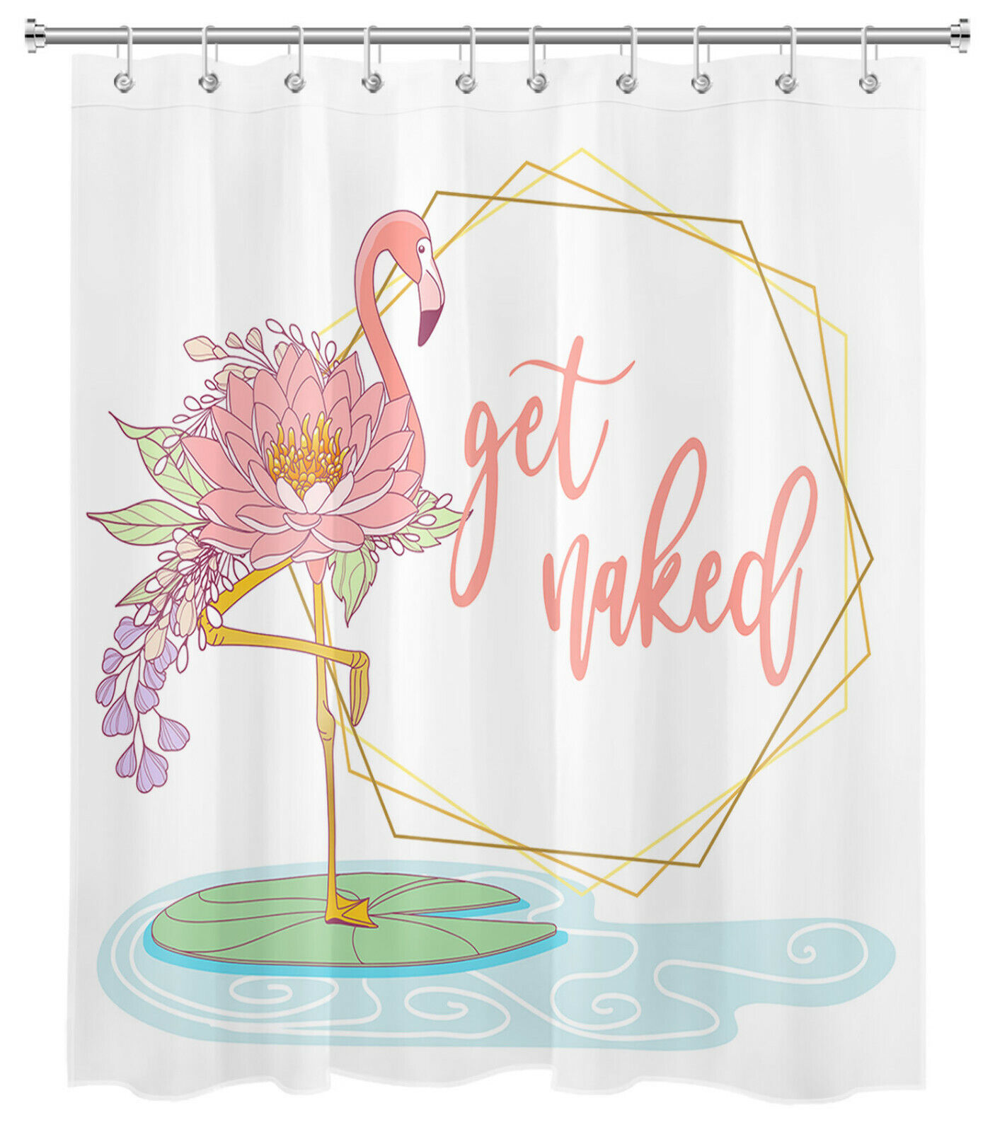 Funny Word Pink Flamingo Abstract Lotus Flower Shower Curtain for Quirky Bathroom Decor