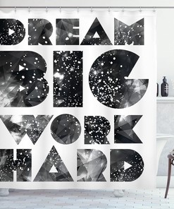 Galaxy Outer Space Shower Curtain, Dream Big Typography Design for Bathroom Decor, Black Grey and White Cloth Fabric