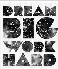 Galaxy Outer Space Shower Curtain, Dream Big Typography Design for Bathroom Decor, Black Grey and White Cloth Fabric
