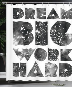 Galaxy Outer Space Shower Curtain, Dream Big Typography Design for Bathroom Decor, Black Grey and White Cloth Fabric