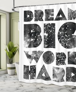 Galaxy Outer Space Shower Curtain, Dream Big Typography Design for Bathroom Decor, Black Grey and White Cloth Fabric