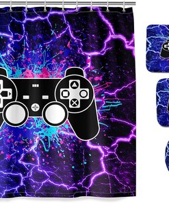 Gaming Shower Curtain with Gamepad for Boys Bathroom Decor