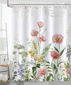 Garden Floral Shower Curtain with Leafy Plant and Flower Prints