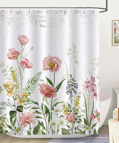 Garden Floral Shower Curtain with Leafy Plant and Flower Prints