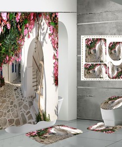 Garden Flower Scenery Waterproof Shower Curtain and Mat Set 