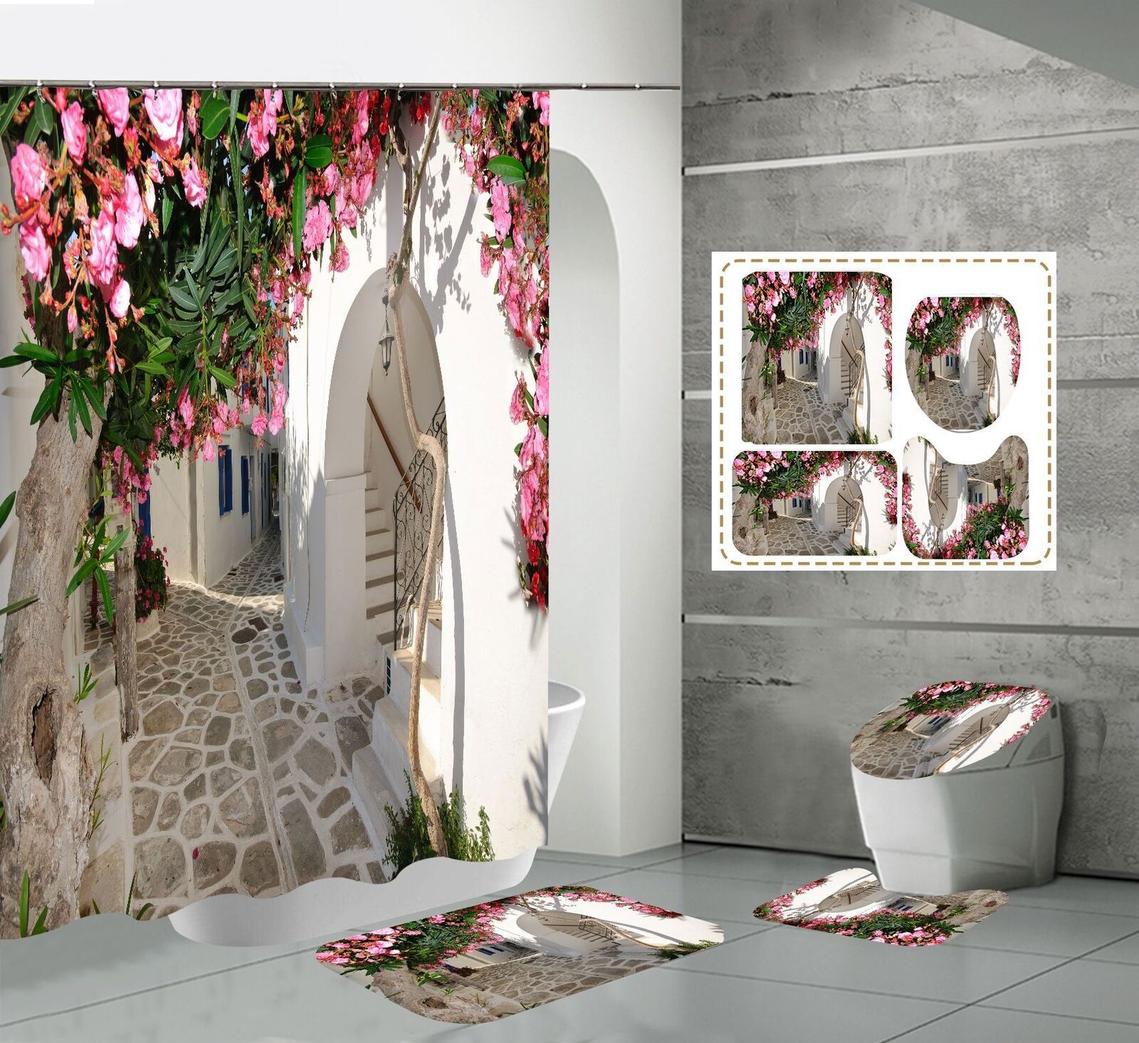 Garden Flower Scenery Waterproof Shower Curtain and Mat Set