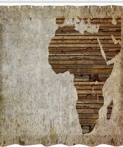 Geography Theme Wooden Plank & Map Shower Curtain - Rustic Bathroom Decor