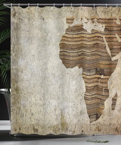 Geography Theme Wooden Plank & Map Shower Curtain - Rustic Bathroom Decor 
