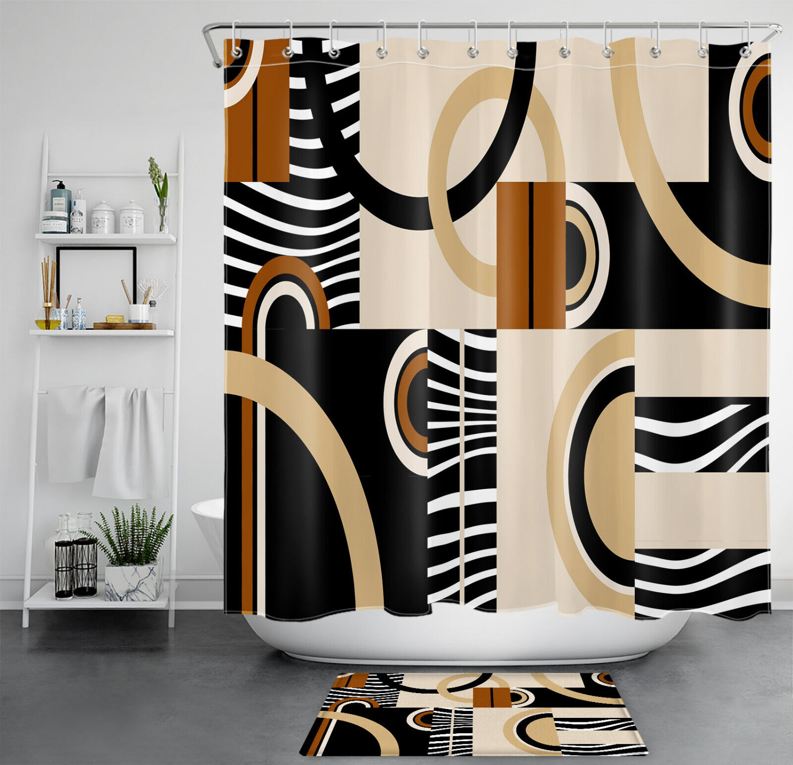 Geometric Black and White Shower Curtain in Beige - Perfect for Minimalist Bathroom Decor