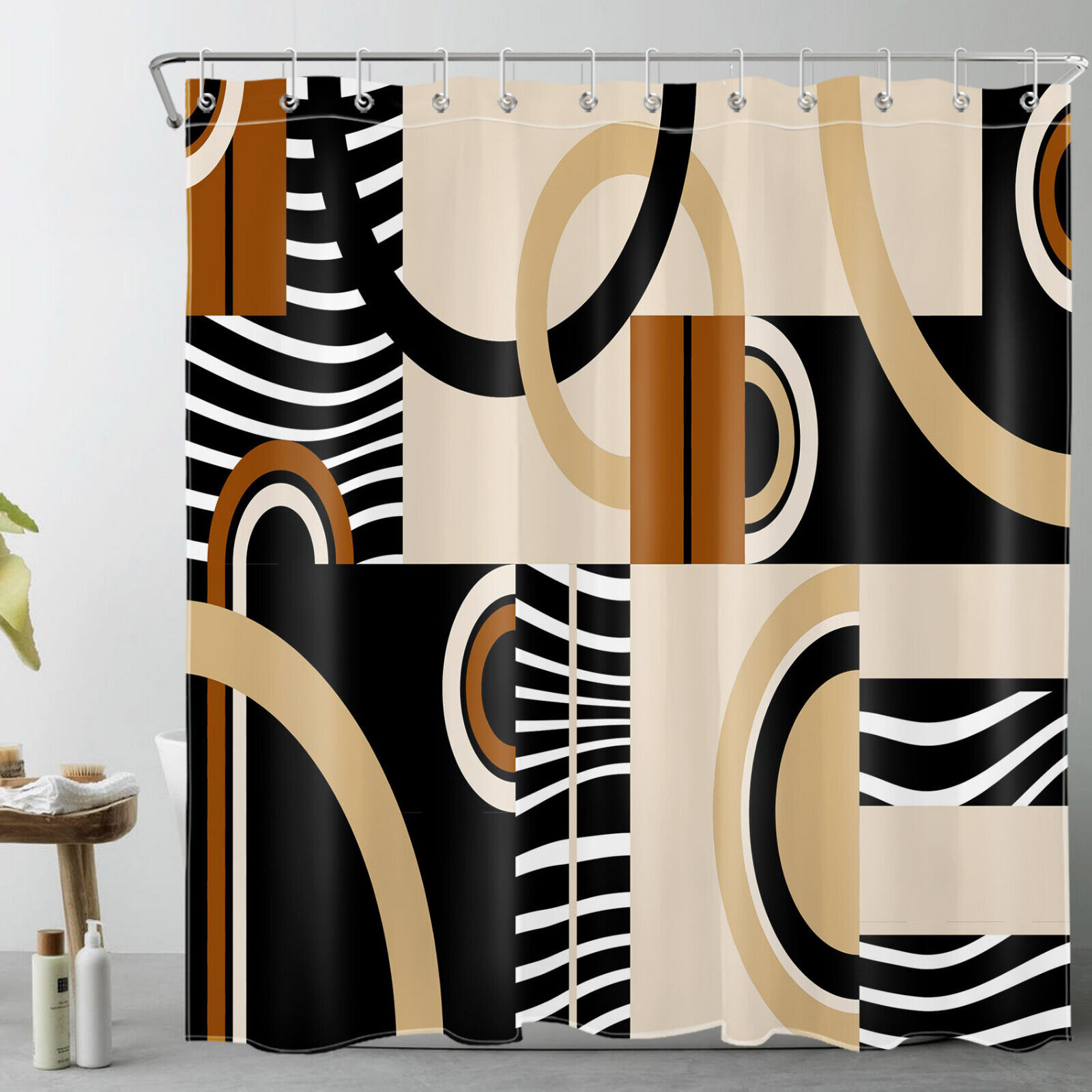 Geometric Black and White Shower Curtain in Beige - Perfect for Minimalist Bathroom Decor