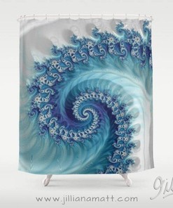 Geometric Design Blue Wave Shower Curtain with White Spiral Pattern - Bathroom Decor